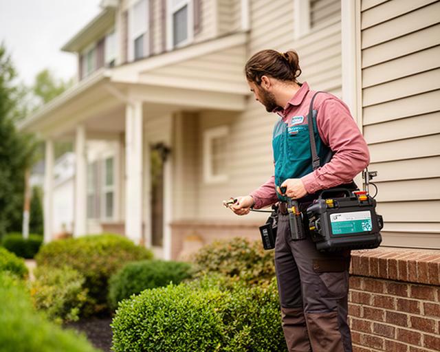 Pest control technician inspecting a Maryland home exterior with a treatment kit