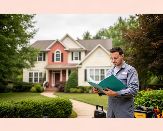 Pest control technician reviewing a service plan beside a residential property in Beltsville, Maryland