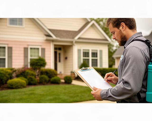 Pest control technician reviewing service notes beside a home in Beltsville, Maryland