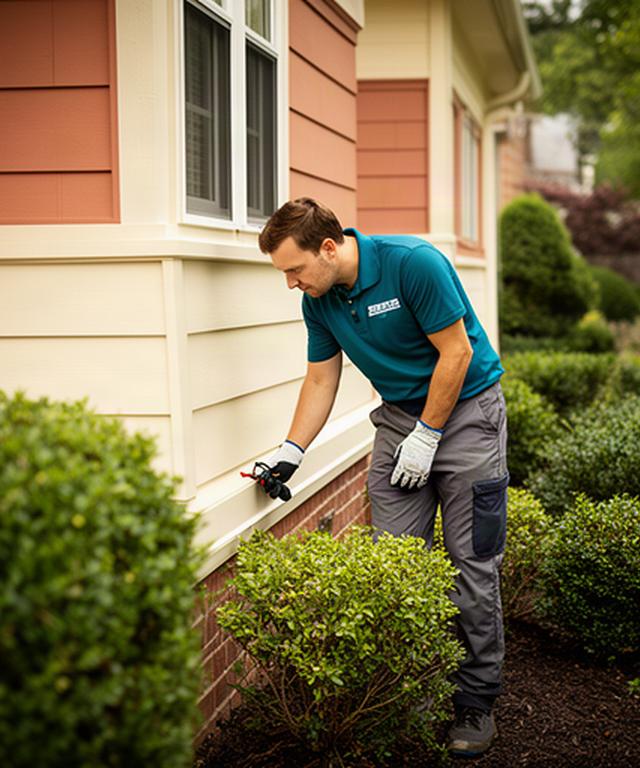 Pest control technician inspecting a Beltsville home exterior beside a landscaped foundation