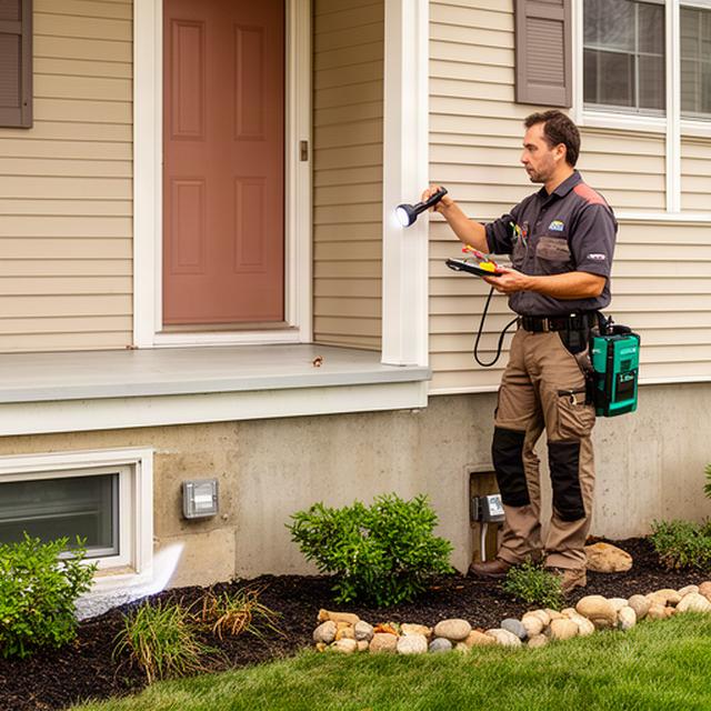 Pest control technician inspecting a home's exterior foundation near Beltsville, Maryland